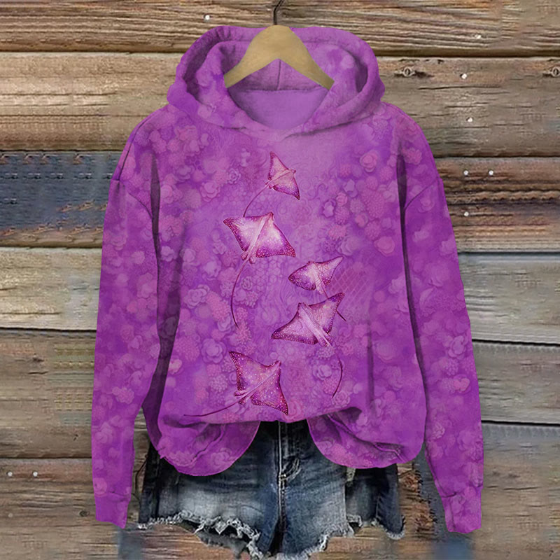Art Manta Ray With Undersea flowers Print Long Sleeve Hoodie - Rose - US44-46(8XL) - image 2