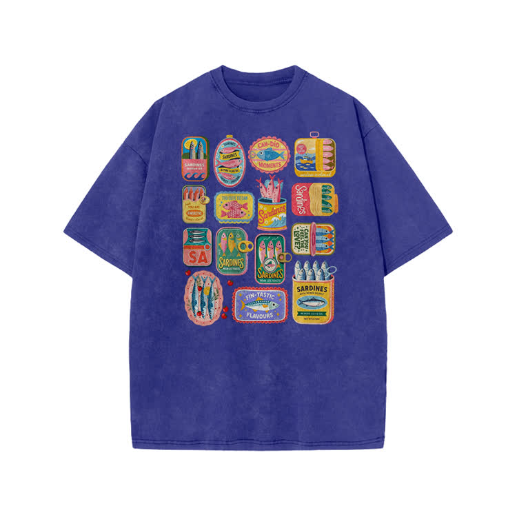 Unisex Vintage Sardine Can Print Acid Washed T-shirt - Blue - US20-22(3XL) - image 6