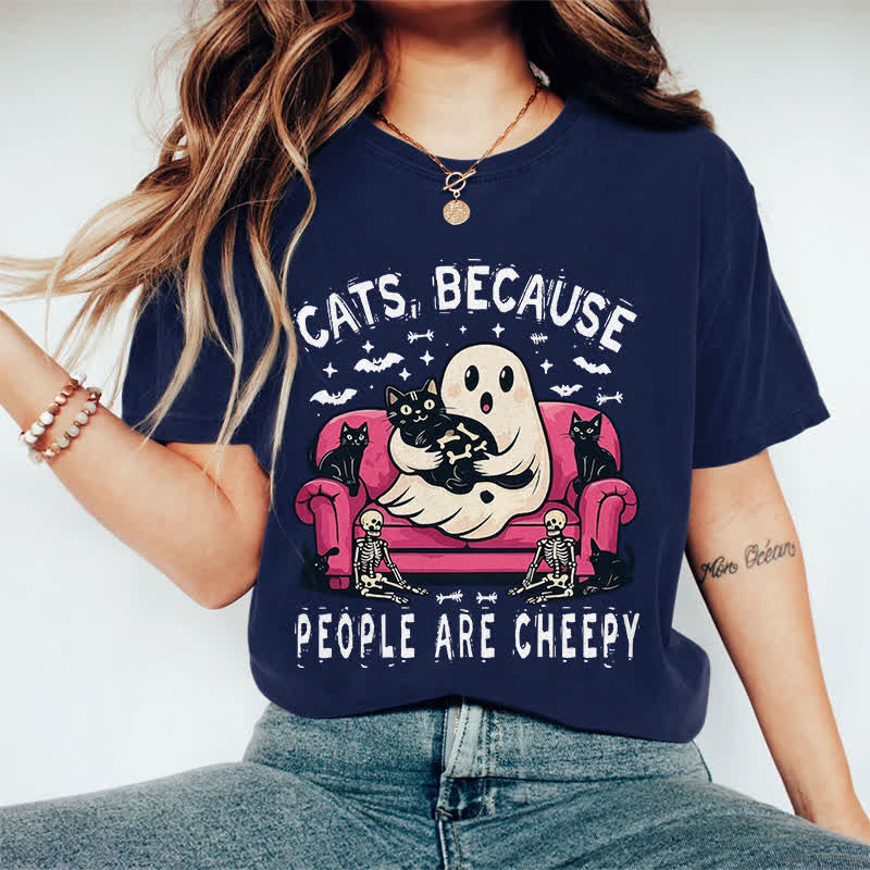 100% Cotton Halloween Ghost Holding Cat Print T-shirt - Dark Blue - 2XL - image 11