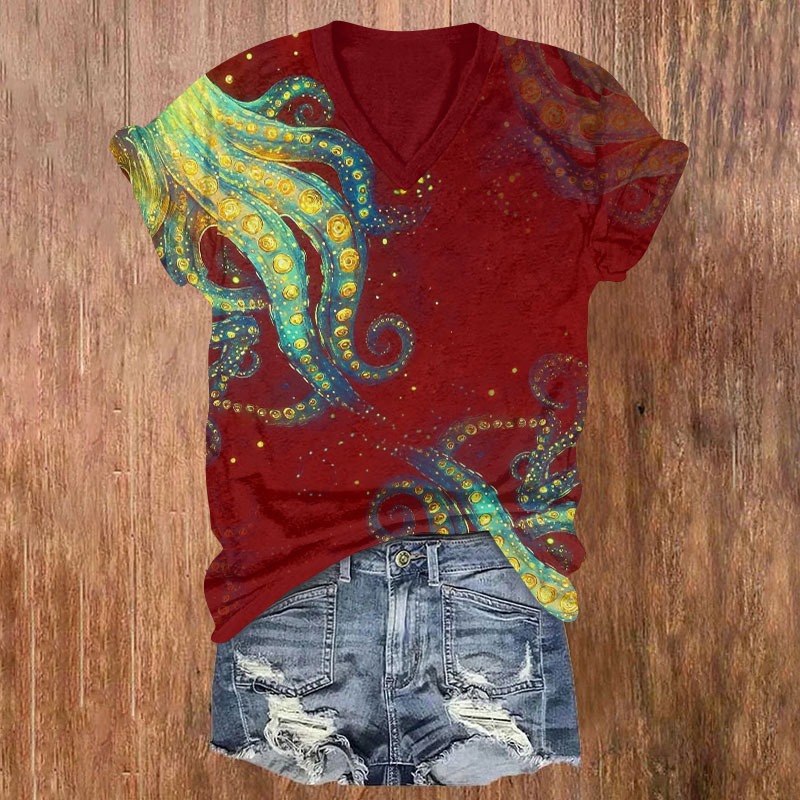 Japanese Unique Octopus Tentacles Print V-neck T-shirt - Red - US32-34(5XL) - image 3