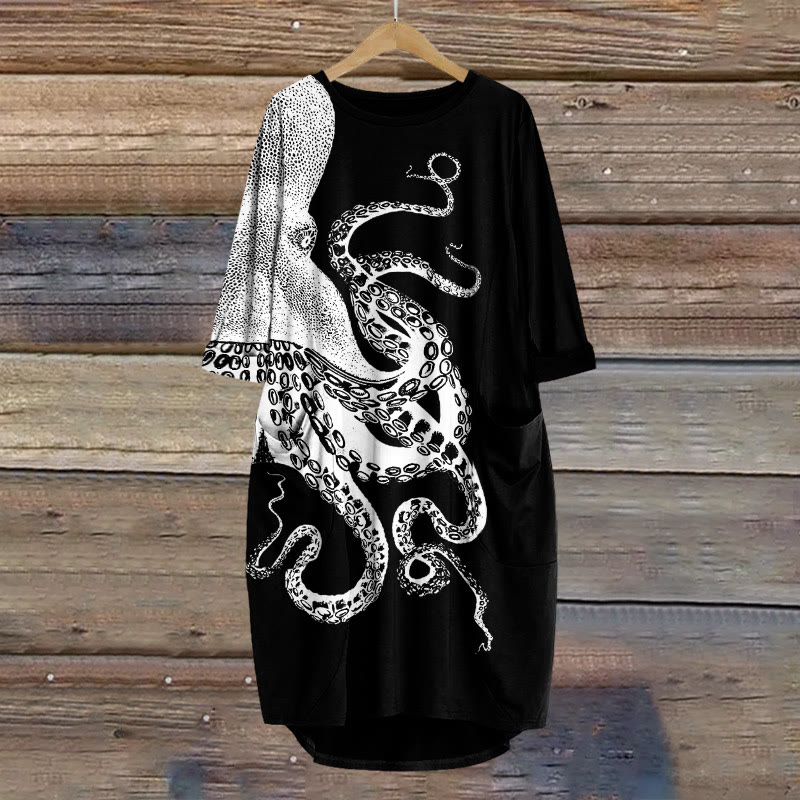 Japanese Art Octopus Graphic Print Crew Neck Dress - Black - 8XL - image 3