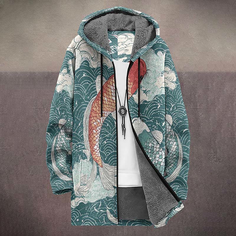 Retro Watercolor Red Koi Carp Print Unisex Plush Thick Long-sleeved Fleece Jacket Coat - image 2