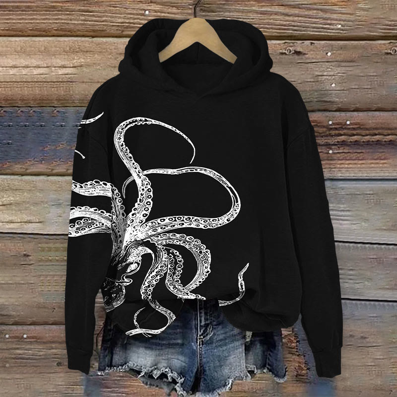Kraken Titan Giant Octopus Art Print Long Sleeve Hoodie - Black - 8XL - image 2