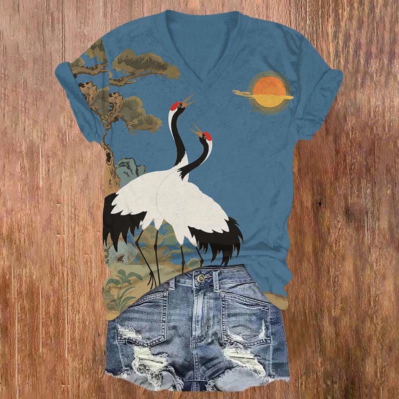 Vintage Sunset Romantic Couple Crane  Print V-neck T-shirt - Blue - US32-34(5XL) - image 3