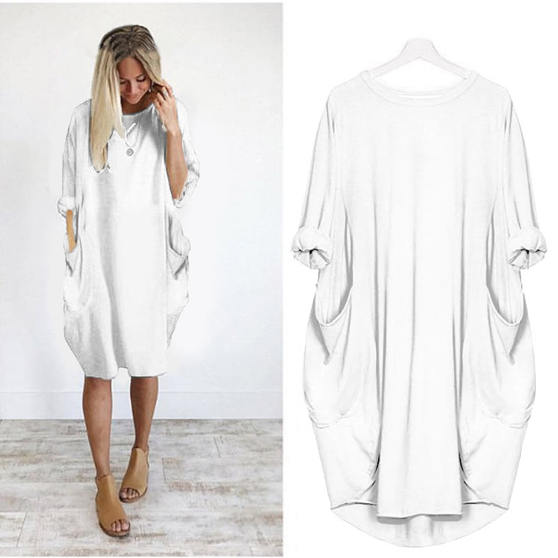 Women's Solid Color Loose Elegant Casual Long-sleeved Pocket Dress - White - 8XL - image 4