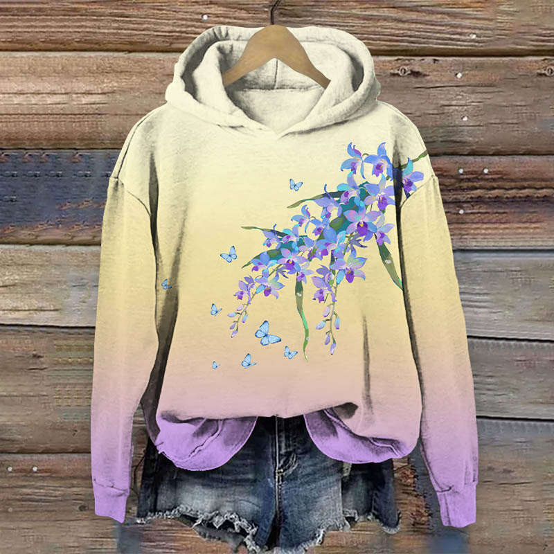 Vintage Ombre Violet Flowers Print Long Sleeve Hoodie - Yellow - US44-46(8XL) - image 4