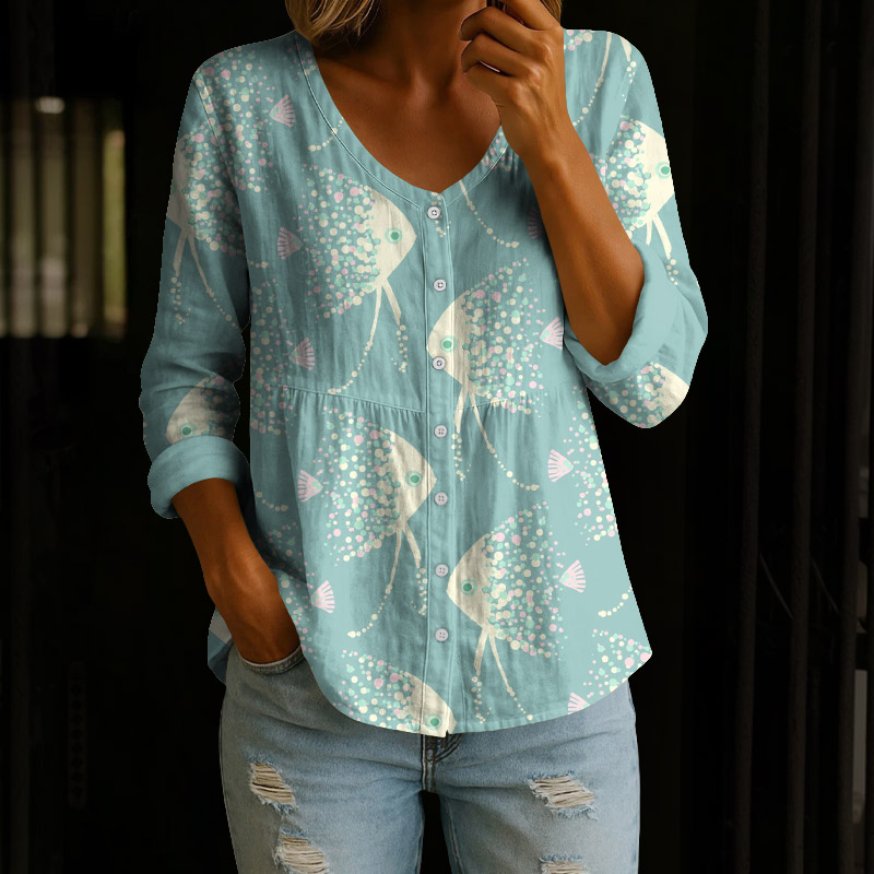 Creative Polka Dots Fish Print Button V-neck A-line Long Sleeve Blouse - Green - 4XL - image 1