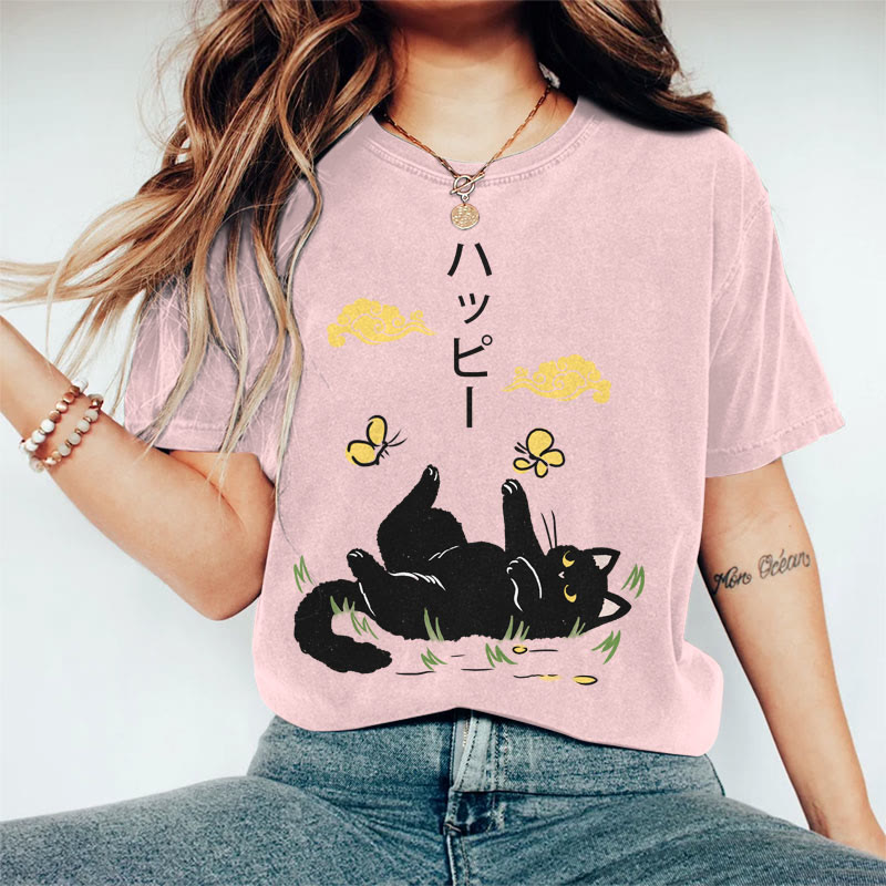 100% Cotton Women's Japanese Black Cat Playing With Butterfly Art Print Casual T-shirt - Pink - 2XL - image 2