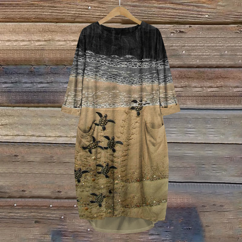 Baby Sea Turtles Beach Fiber Art Print Crew Neck Casual Dress