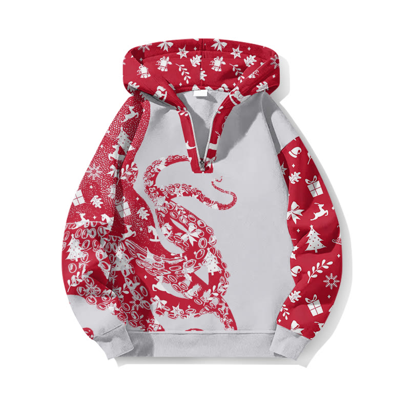 Christmas Reindeer Pattern Patchwork Japanese Art Octopus Print Half Zip Hoodie - Light Gray - US32-34(5XL) - image 4