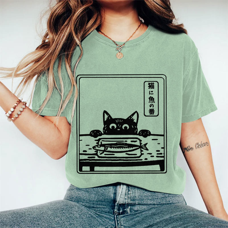 100% Cotton Women's  Japanese Ink Watercolor Cat & Fish Art Print Casual T-shirt - Green - 2XL - image 6