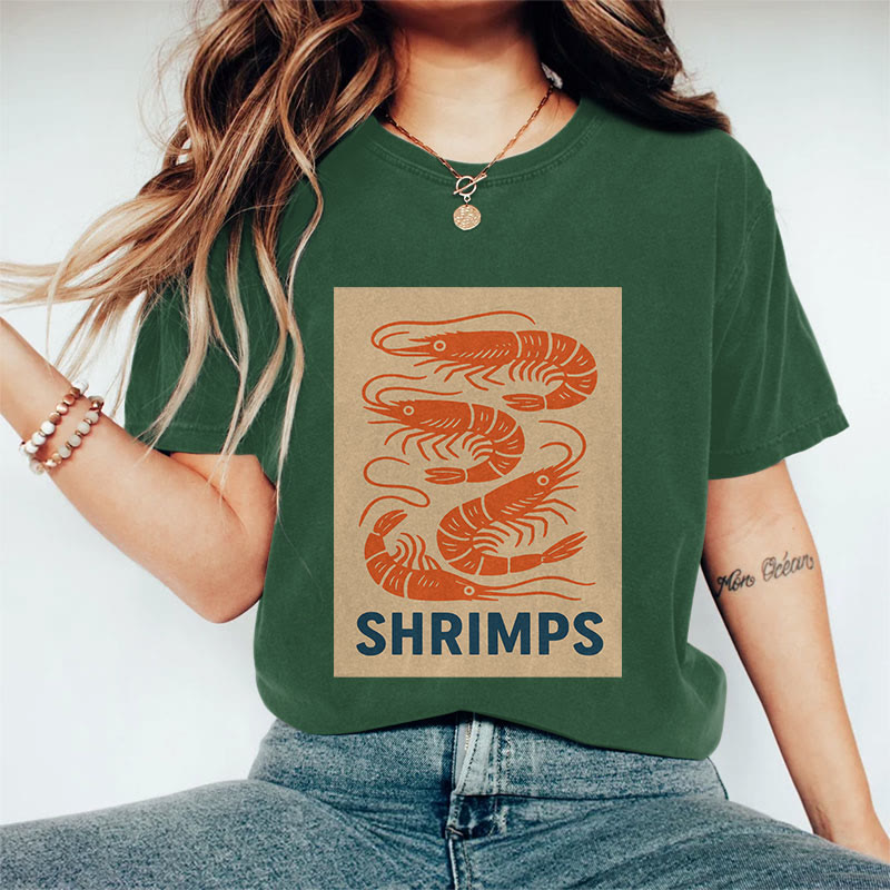 100% Cotton Women's  Japanese Shrimps  Art Print Casual T-shirt - Dark Green - 2XL - image 5