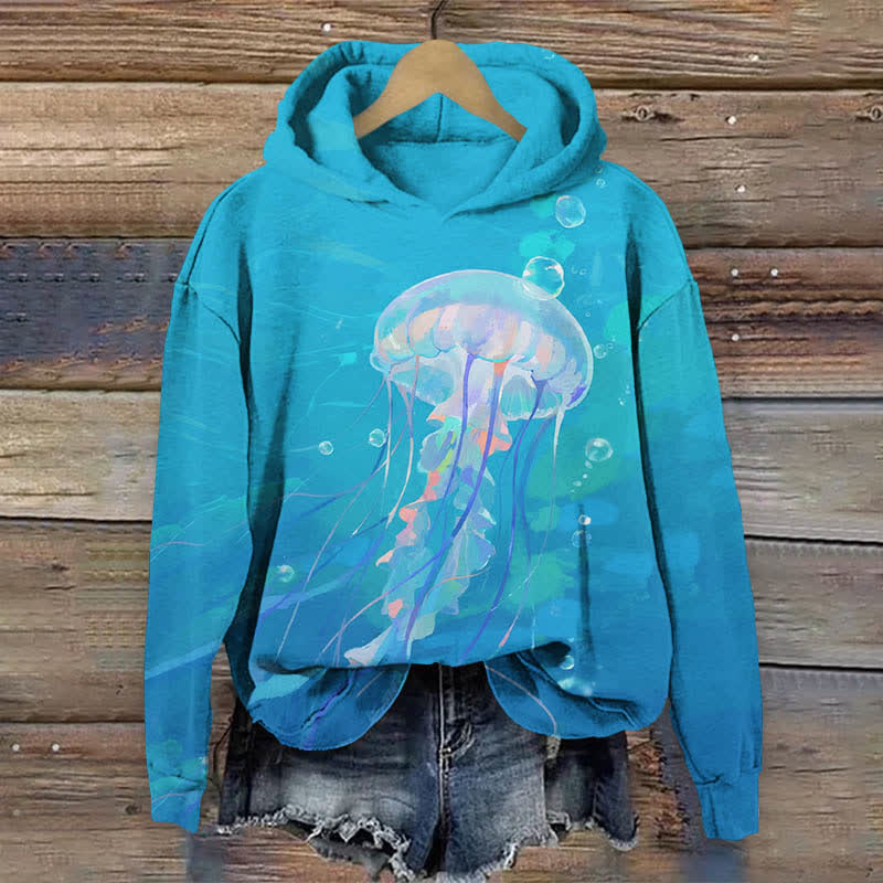 Vintage Lovely Bubble Jellyfish Art	print Long Sleeve Hoodie - Blue - US44-46(8XL) - image 2