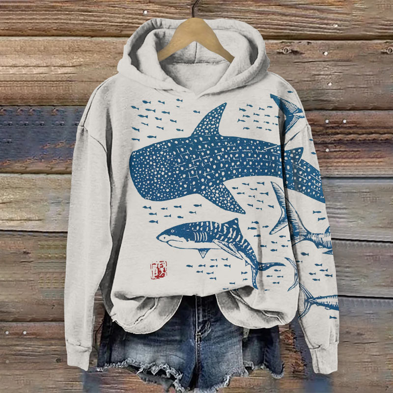 Sharks Sea Fish Japanese Lino Art Print Casual Long Sleeve Hoodie - Blue - 8XL - image 1