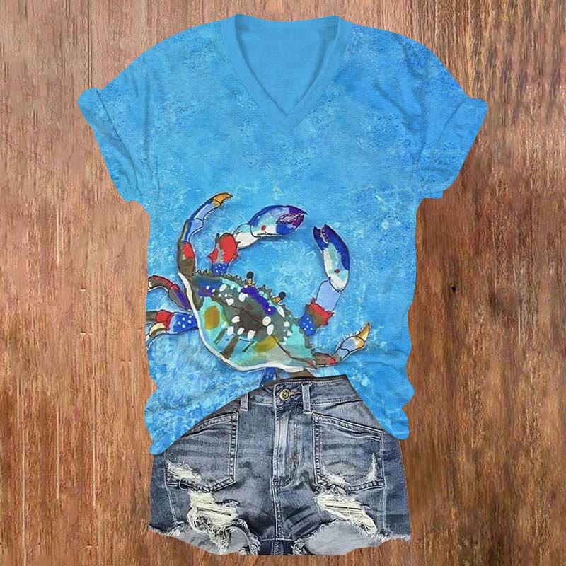 Creative Fantasy Colorful Crab Print V-neck T-shirt - Blue - US32-34(5XL) - image 4