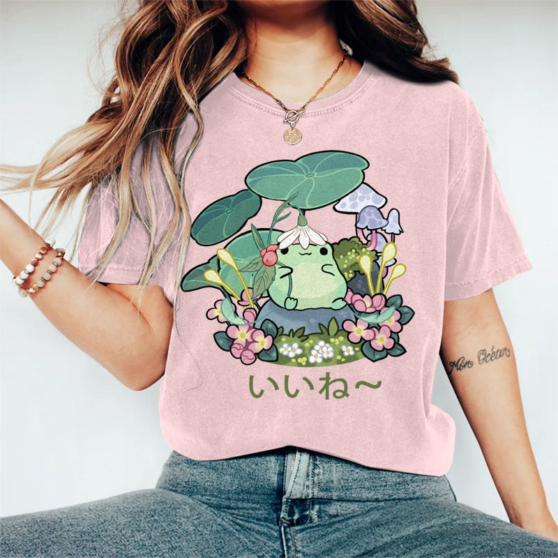 100% Cotton Women's  Japanese Lotus Leaf & Cute Frog Art Print Casual T-shirt - Pink - 2XL - image 2