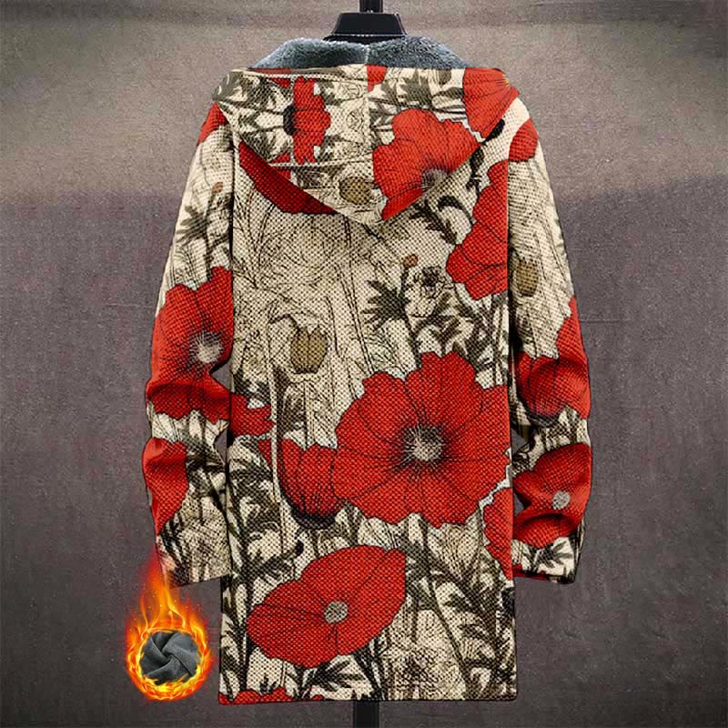 Retro Large Red Poppies Art Print Unisex Plush Thick Long-sleeved Fleece Jacket Coat - image 3