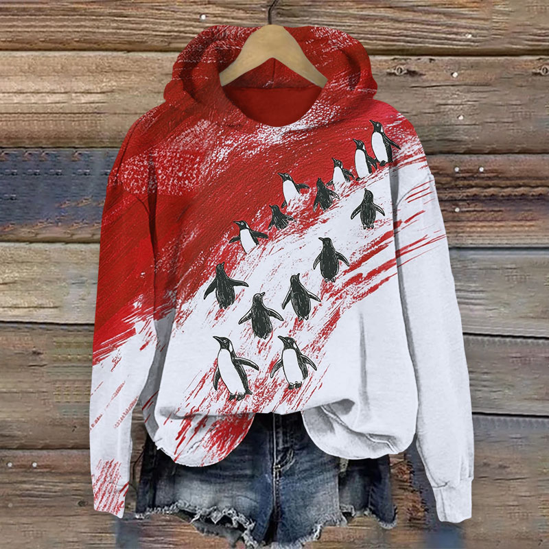 Oil Painting Lovely Penguin Print Long Sleeve Hoodie - Red - US44-46(8XL) - image 3