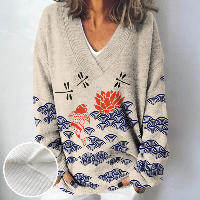 Japanese Style Koi Fish Dragonfly Wave Art Print Causal V-neck Pullover Sweater - image 10