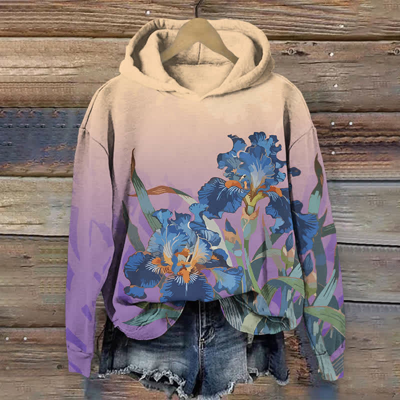 Japanese Vintage Van Gogh Iris Floral Print Long Sleeve Hoodie - Purple - US44-46(8XL) - image 4