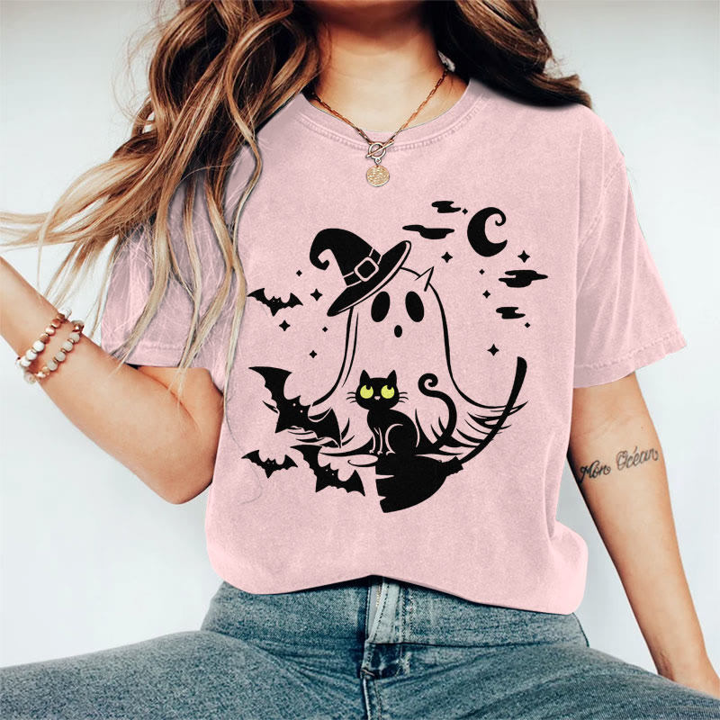 100% Cotton Women's  Halloween Wizard Hat Ghost & Black Cat Art Print Casual T-shirt - Pink - 2XL - image 4