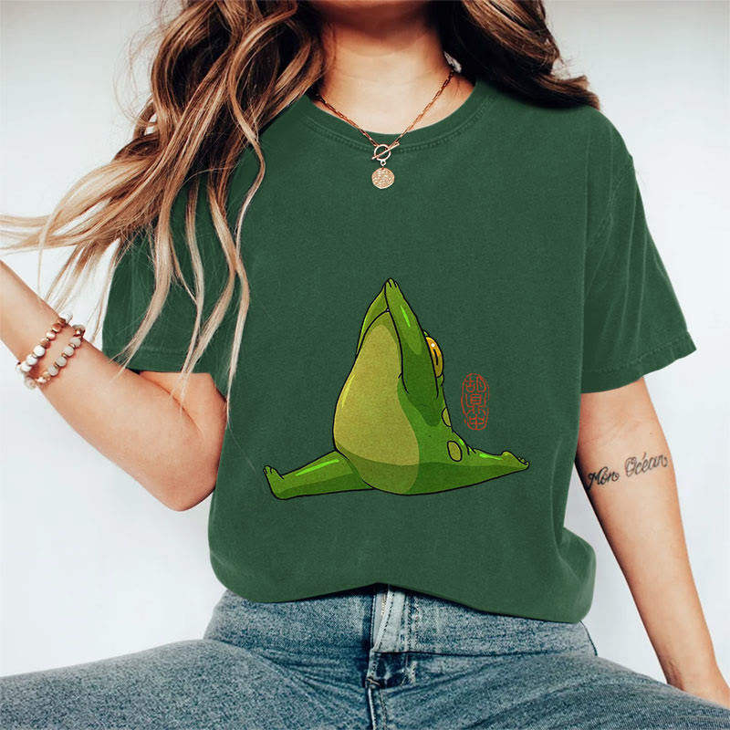 100% Cotton Funny Frog Doing Yoga Art Print Casual T-shirt - Green - 2XL - image 5