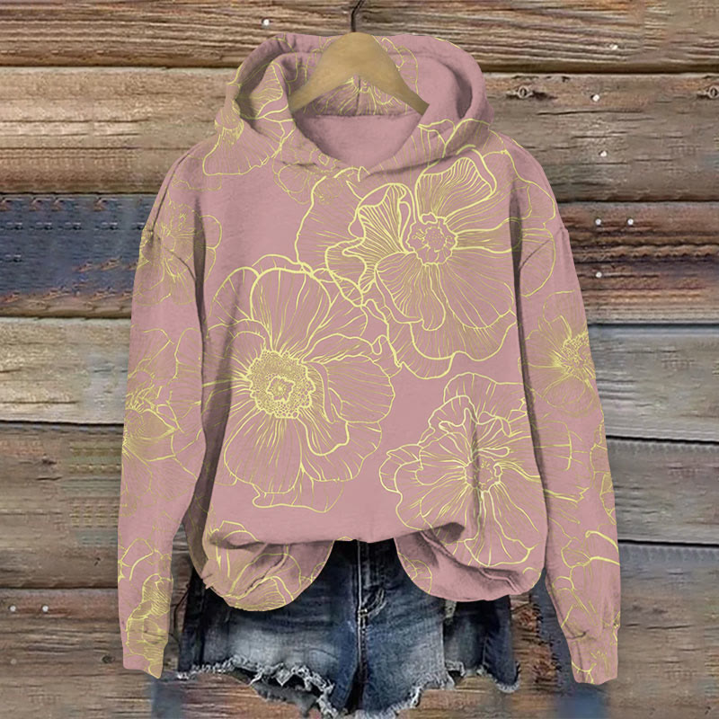 Floral Line Japanese Retro Art Print Long Sleeve Hoodie - Pink - 8XL - image 3