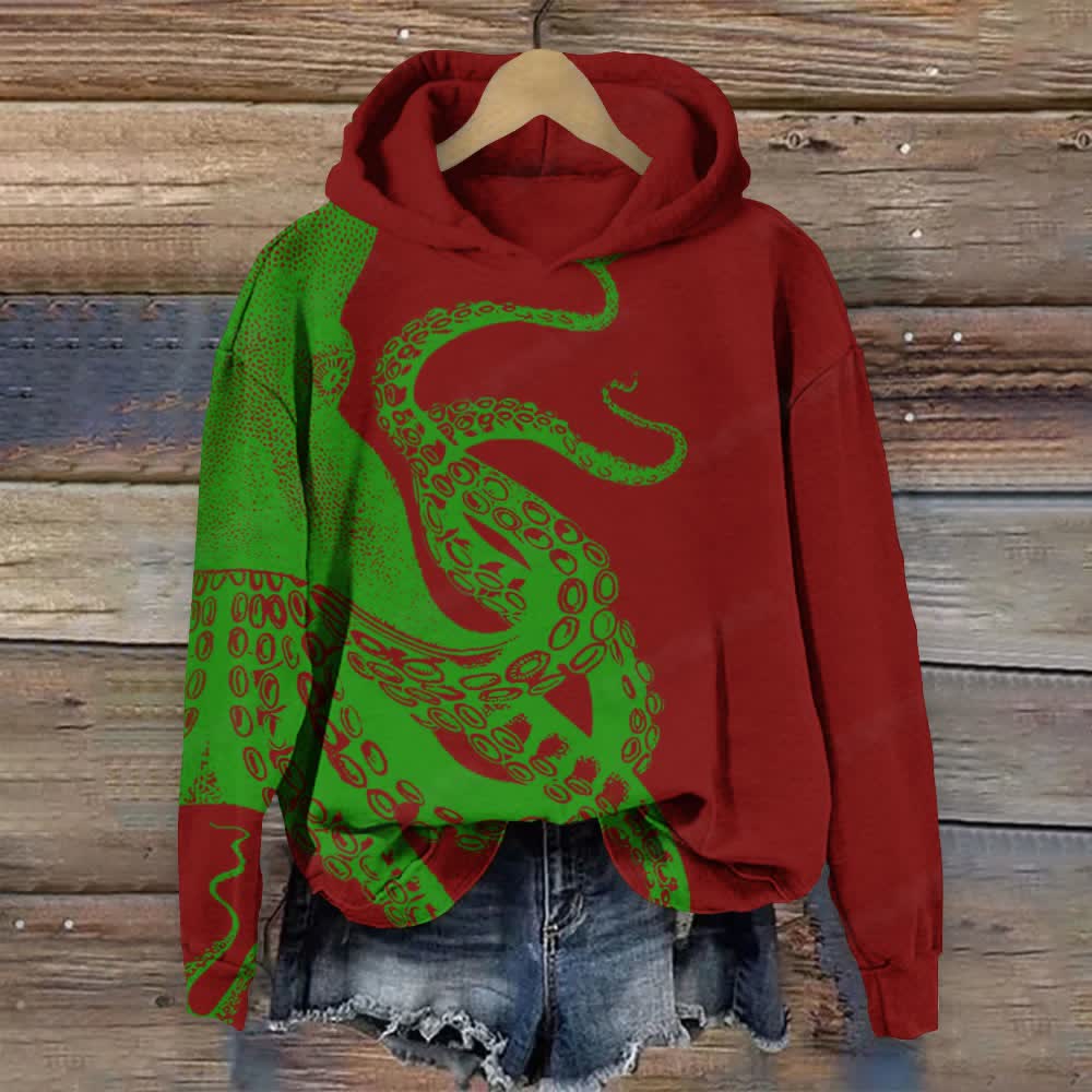 Japanese Art Octopus Graphic Print Casual Long Sleeve Hoodie - Wine - 8XL - image 6