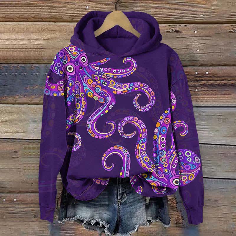 Vintage Funny Geometric Pattern Octopus Print Long Sleeve Hoodie - Purple - US44-46(8XL) - image 4