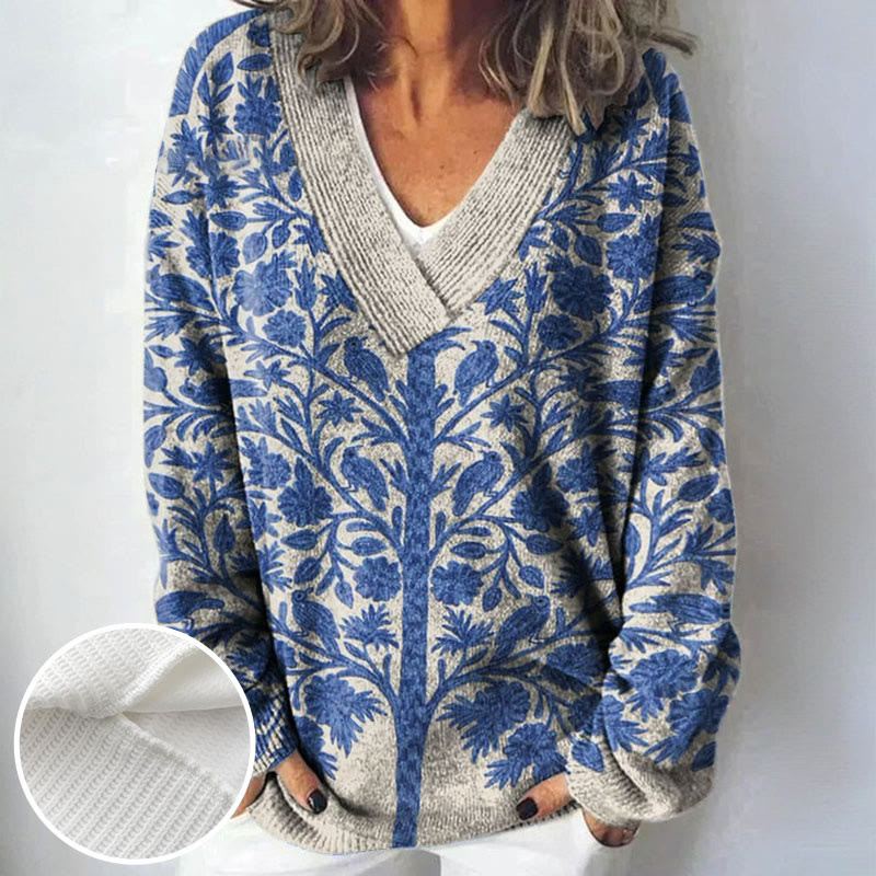 Women's Indian Art Floral Vintage Print Causal V-neck Pullover Sweater - image 2