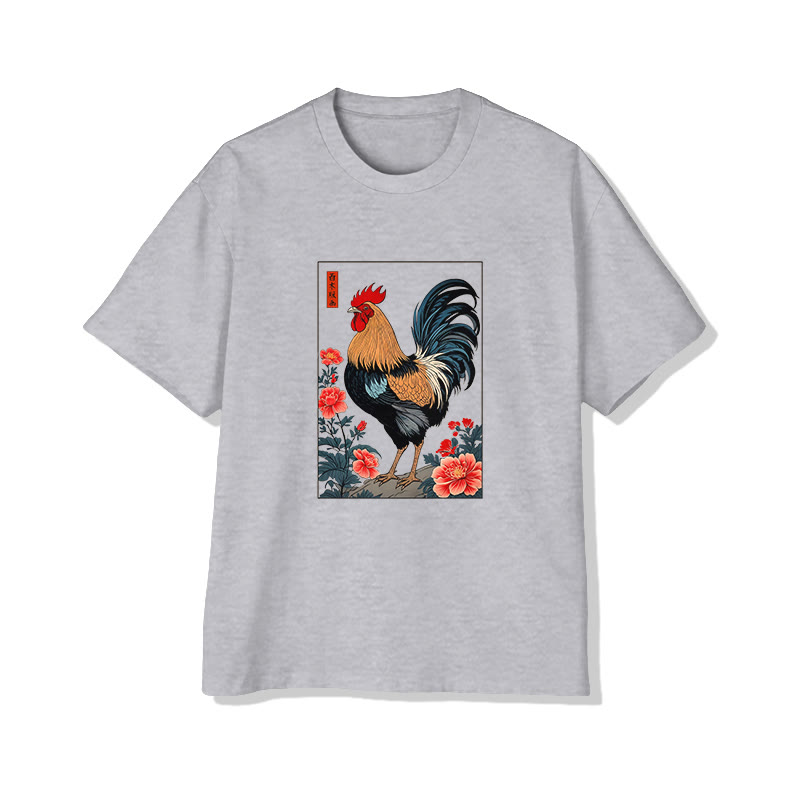 Unisex Retro Rooster Print Short Sleeve Crew Neck T-shirt - Grey - 2XL - image 4