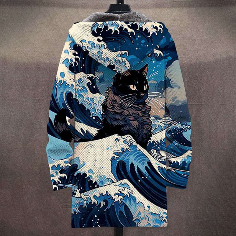 Vintage Kanagawa Surf Kitten Art Print Unisex Plush Thick Long-sleeved Fleece Jacket - image 2