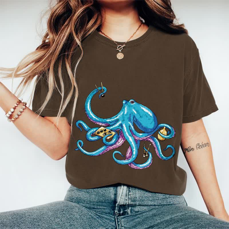 100% Cotton Japanese Creative Octopus Holding Sushi Art T-shirt - Coffee - 2XL - image 8