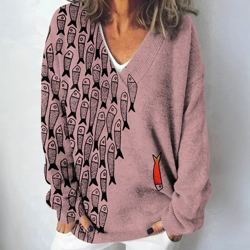 Cute Simple Lines Abstract Geometric Fish Art Print Causal V-neck Pullover Sweater - Pink - 4XL - image 3