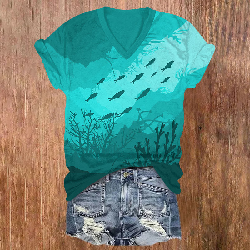 Undersea Tunnel Coral Fish Print V-neck T-shirt - Green - US32-34(5XL) - image 2