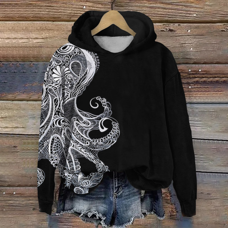 Simple Ethnic Octopus Print Long Sleeve Hoodie - Black - 8XL - image 1