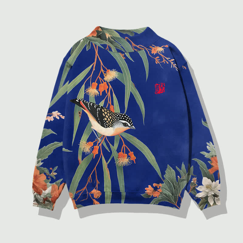 Japanese Vintage Little Bird Pattern Print Mock Neck Sweatshirt - Blue - 4XL - image 5