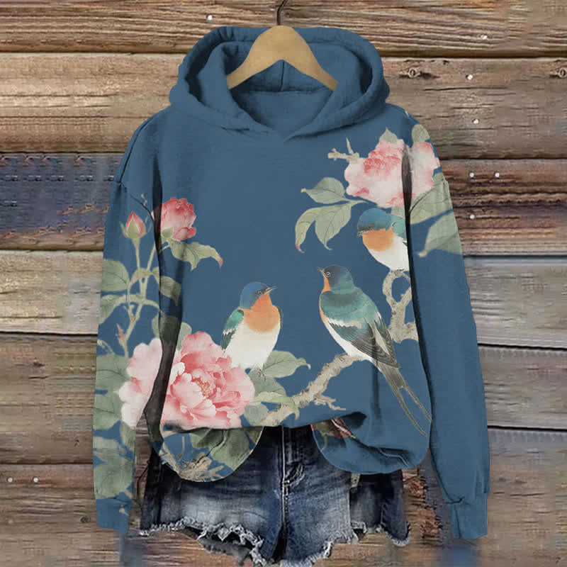 Vintage Rose Blossom & Bird Art Print Long Sleeve Hoodie - Blue - US44-46(8XL) - image 4