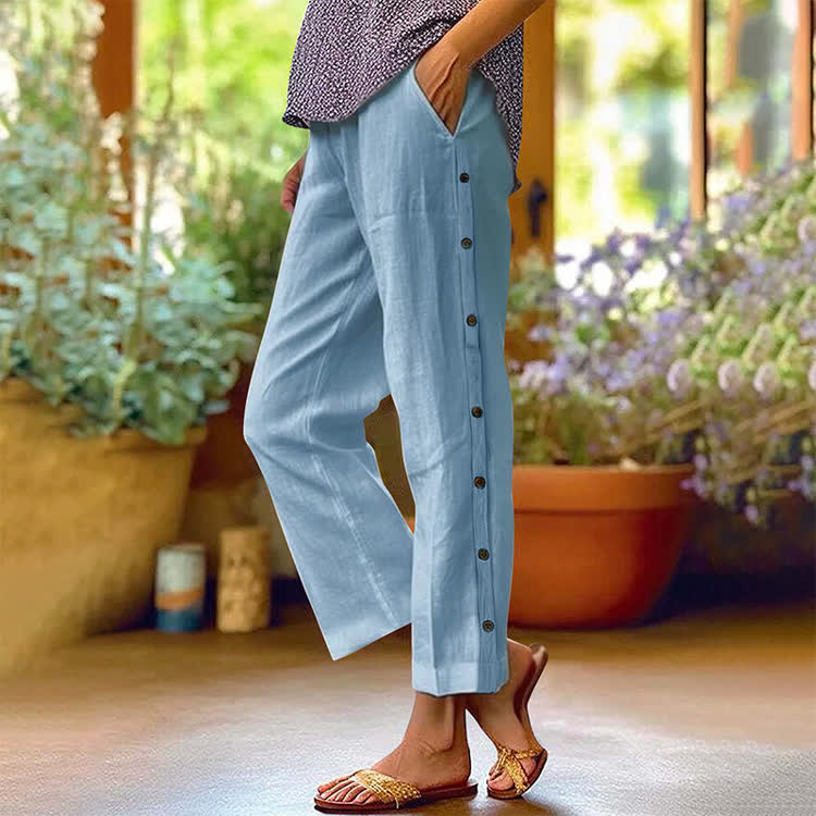 Casual Solid Pocket Pants With Side Buttons - Sky Blue - 3XL - image 4
