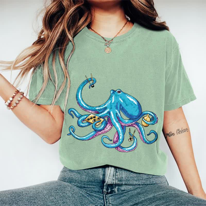 100% Cotton Japanese Creative Octopus Holding Sushi Art T-shirt - Green - 2XL - image 11