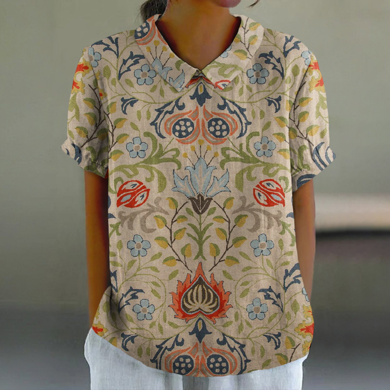 Vintage Ethnic Floral Art Print Casual Lapel Loose Blouse - Khaki - 6XL - image 1