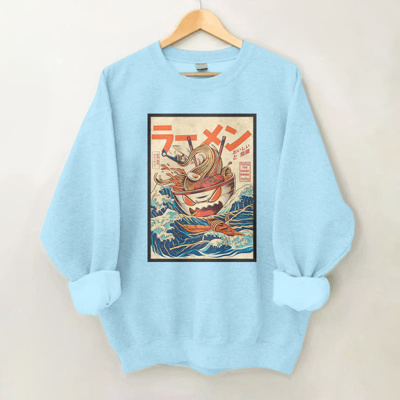 100% Cotton Funny Ramen Wave Art Print Round Neck Casual Fleece Sweatshirt - Blue - 2XL - image 4