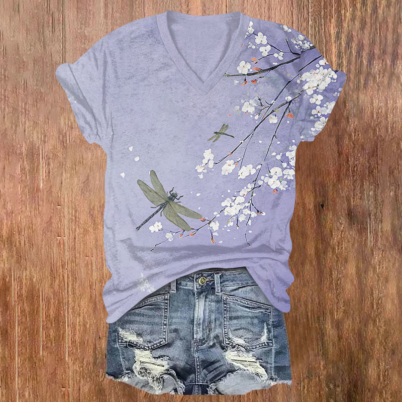 Japanese Fantasy Sakura & Dragonfly Print V-neck T-shirt - Purple - US32-34(5XL) - image 2