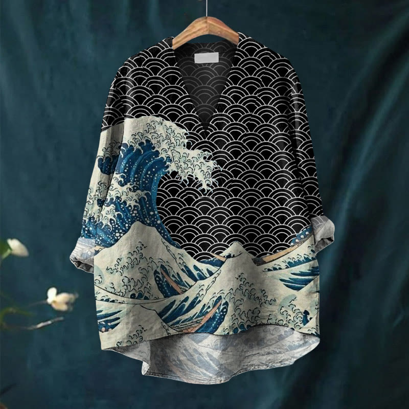 The Great Wave Off Kanagawa Inspired Japanese Art Print Casual V-neck Blouse - image 4