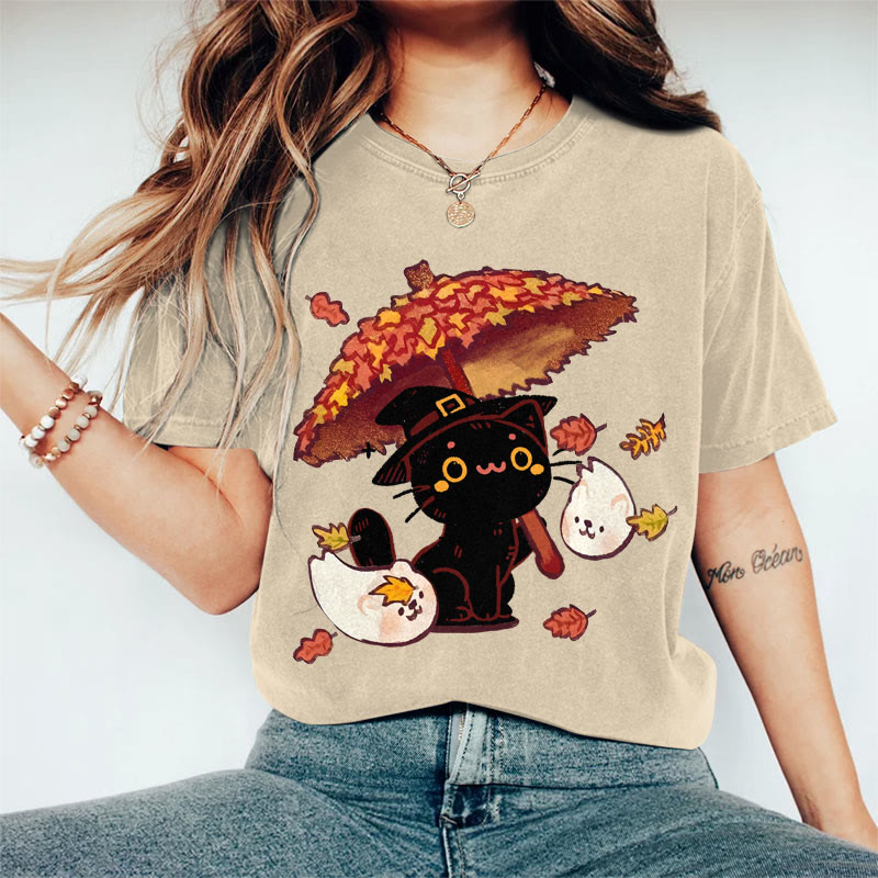 100% Cotton Women's Halloween Black Cat Holding Maple Leaf Umbrella Art Print Casual T-shirt - Khaki - 2XL - image 5