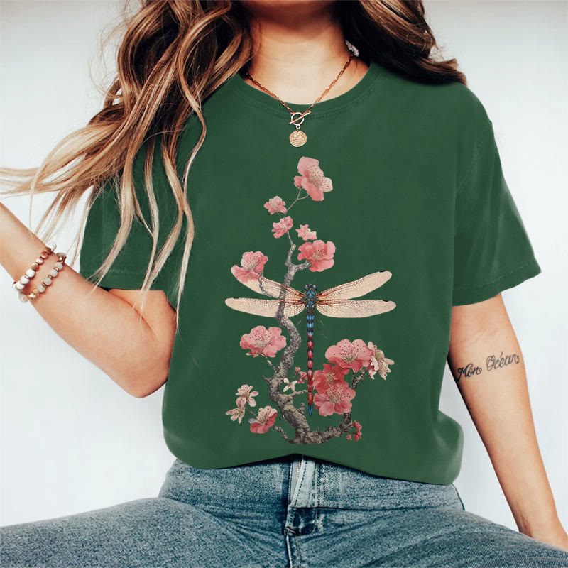100% Cotton Retro Plum Blossom Dragonfly Japanese Art Print Casual T-shirt - Green - 2XL - image 5