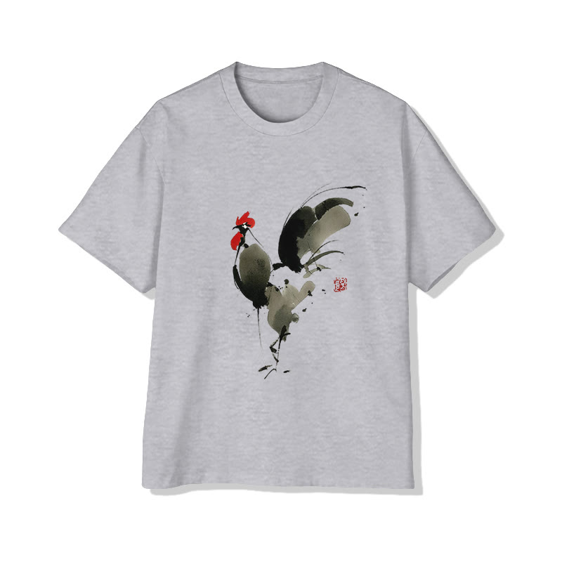 Japanese Chicken Ink Painting Art Print Short Sleeved Crew Neck T-shirt - Grey - 2XL - image 3