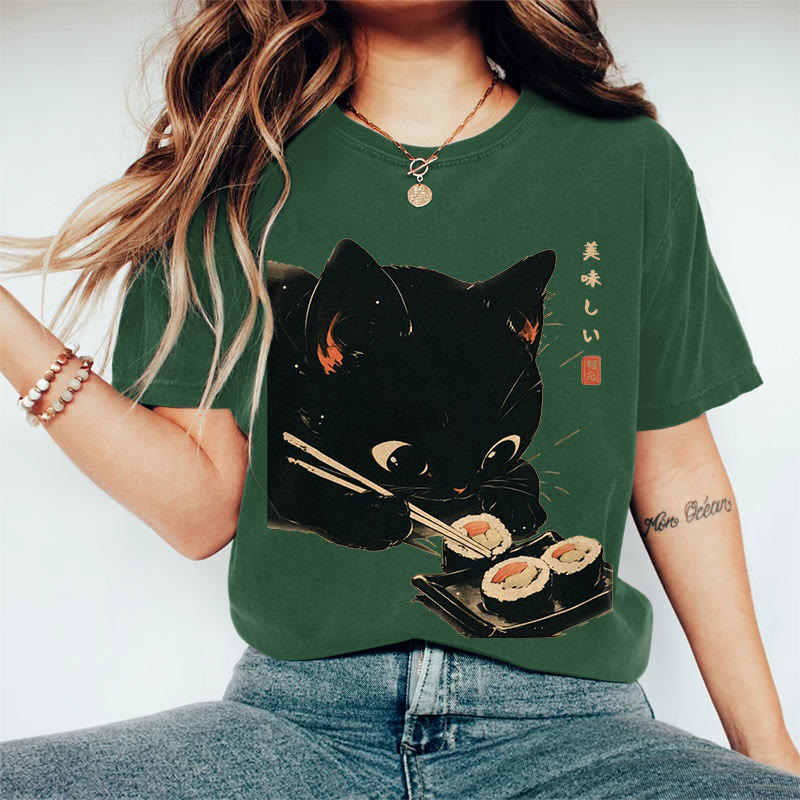 100% Cotton Japanese Black Cat Eating Sushi Art Print Casual T-shirt - Dark Green - 2XL - image 5