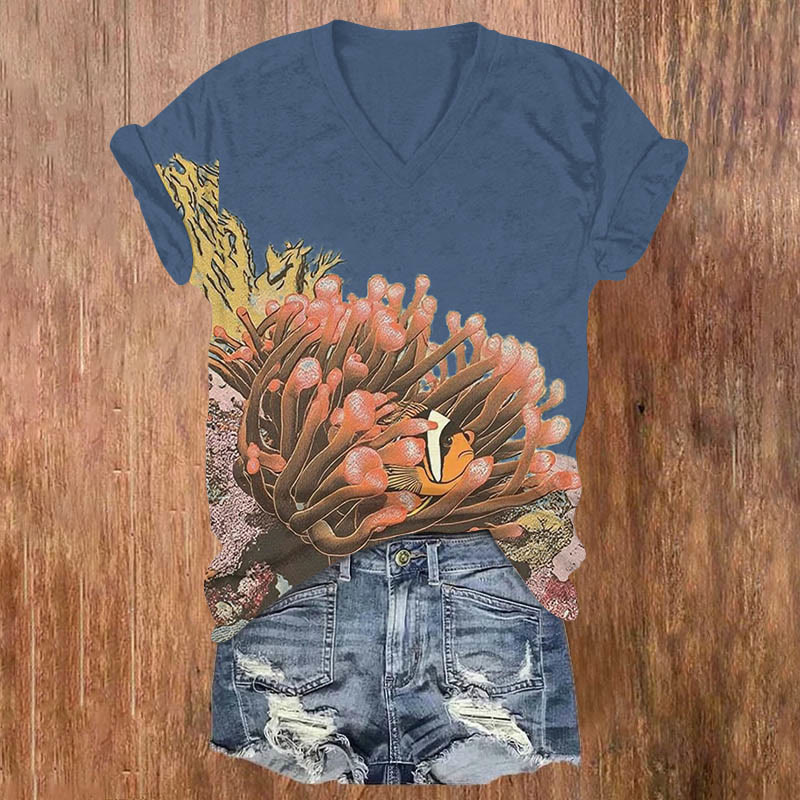 Ugly Fish Hiding In Coral Art Print V-neck T-shirt - Blue - US32-34(5XL) - image 7