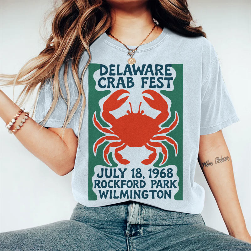 100% Cotton Women's Delaware Crab Fest  Art Print Casual T-shirt - Blue - 2XL - image 8